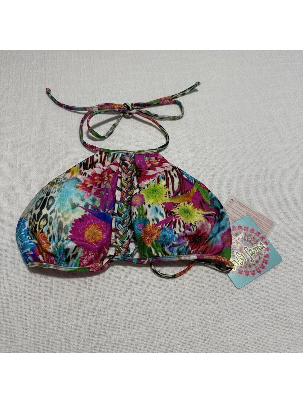 Luli Fama Paraiso Multi Color Pink High Neck Halter Bikini Top Sz S Small NWT